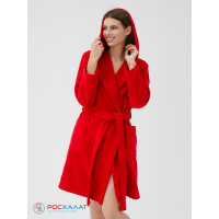 Махровый женский укороченный халат с капюшоном красный