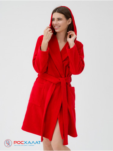 Махровый женский укороченный халат с капюшоном красный МЗ-01 (67)
