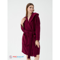 Махровый женский укороченный халат с капюшоном темно-бордовый