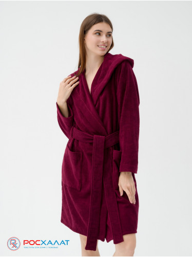 Махровый женский укороченный халат с капюшоном темно-бордовый МЗ-01 (122)