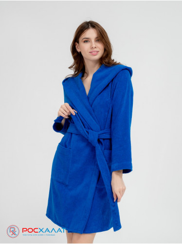 Махровый женский укороченный халат с капюшоном Синий МЗ-01 (89)
