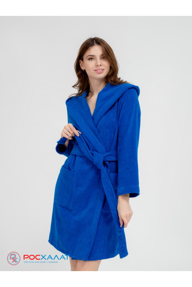 Махровый женский укороченный халат с капюшоном Синий