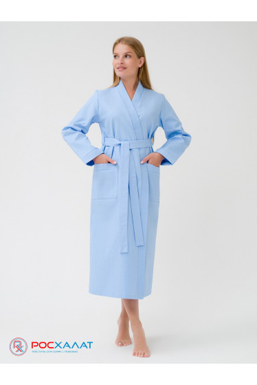 Женский вафельный халат с планкой голубой