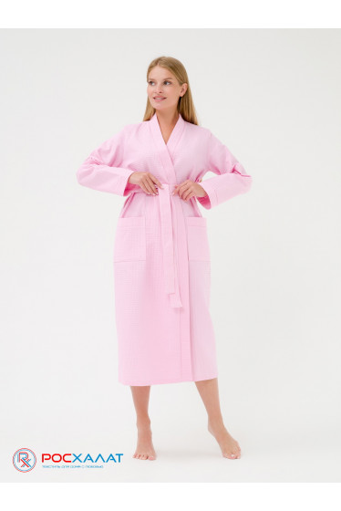 Женский вафельный халат с планкой светло-розовый