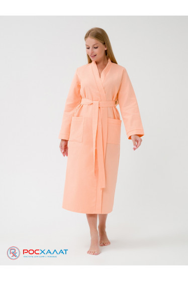 Женский вафельный халат с планкой нежно-персиковый