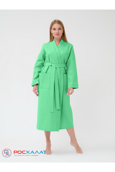 Женский вафельный халат с планкой зеленый
