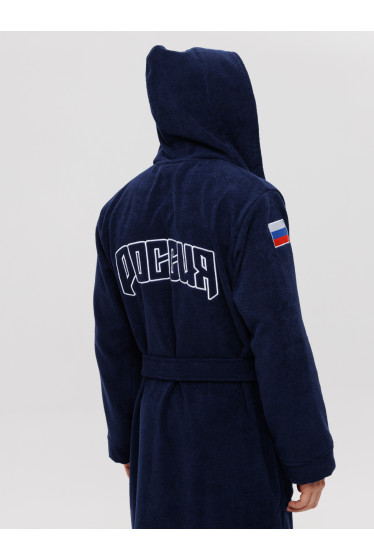 Мужской махровый халат с капюшоном темно-синий вышивка "Россия"