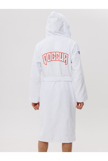 Мужской махровый халат с капюшоном белый вышивка "Россия"