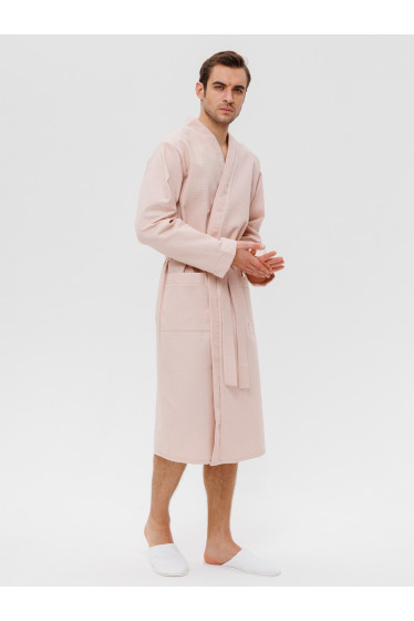 Мужской вафельный халат с планкой бежевый