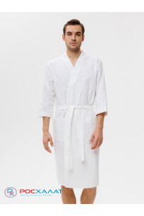 Мужской укороченный вафельный халат с планкой белый