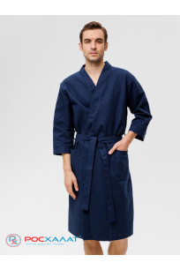 Мужской укороченный вафельный халат с планкой темно-синий