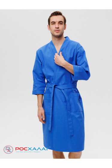 Мужской укороченный вафельный халат с планкой синий