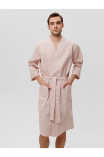 Мужской укороченный вафельный халат с планкой бежевый 