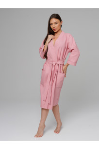 Женский укороченный вафельный халат с планкой пудрово-розовый