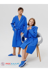 Подростковый вафельный халат с капюшоном синий