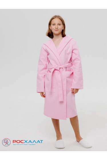 Подростковый вафельный халат с капюшоном светло-розовый