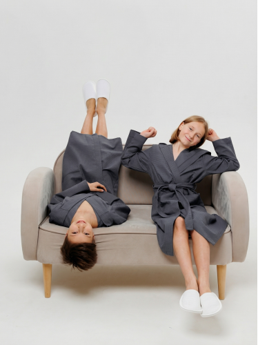 Подростковый вафельный халат с капюшоном темно-серый&nbsp;В-18 (32)