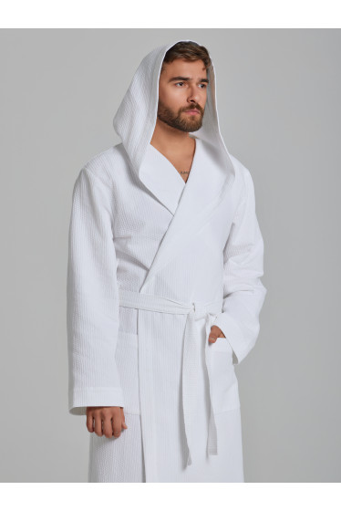 Мужской вафельный халат с капюшоном "Ромбы" белый