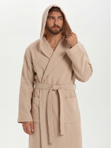 Мужской вафельный халат с капюшоном "Ромбы" бежевый&nbsp;В-19 (31)