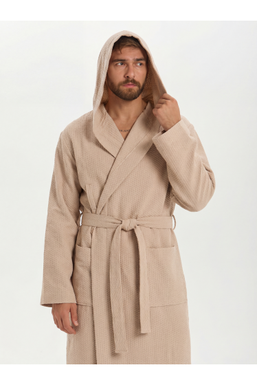 Мужской вафельный халат с капюшоном "Ромбы" бежевый