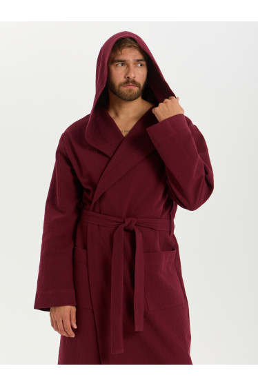 Мужской вафельный халат с капюшоном "Ромбы" бордовый