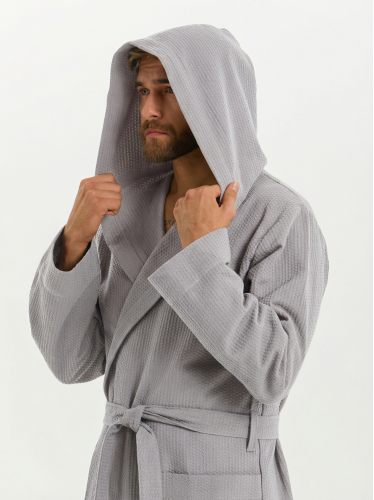Мужской вафельный халат с капюшоном "Ромбы" серый&nbsp;В-19 (20)