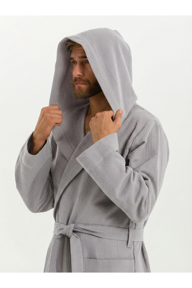 Мужской вафельный халат с капюшоном "Ромбы" серый