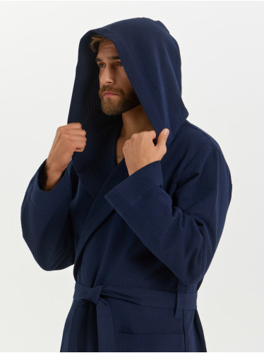 Мужской вафельный халат с капюшоном "Ромбы" темно-синий&nbsp;В-19 (28)