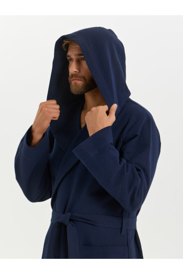 Мужской вафельный халат с капюшоном "Ромбы" темно-синий
