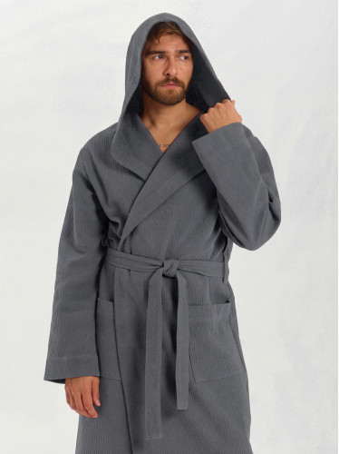 Мужской вафельный халат с капюшоном "Ромбы" темно-серый&nbsp;В-19 (32)
