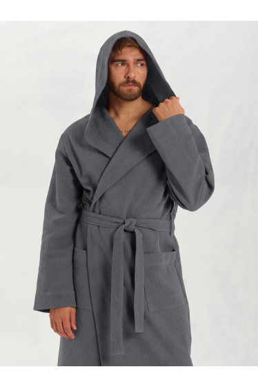 Мужской вафельный халат с капюшоном "Ромбы" темно-серый