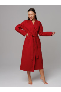 Женский вафельный халат с планкой бордовый