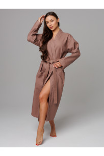 Женский вафельный халат с планкой коричневый
