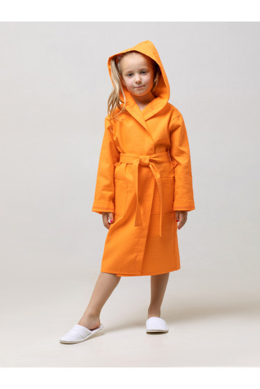 Детский вафельный халат с капюшоном оранжевый