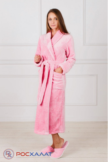 Женский халат с шалькой из велсофта нежно-розовый