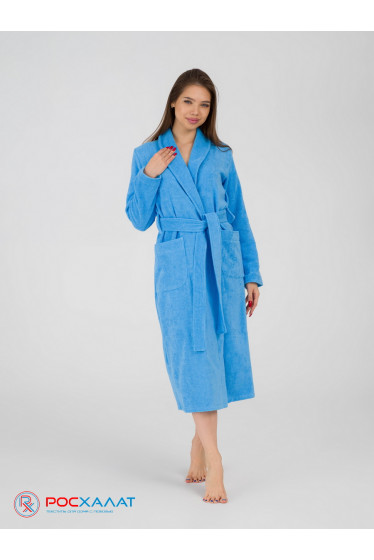 Женский махровый халат с шалькой голубой