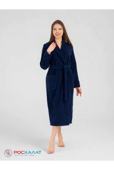 Женский махровый халат с шалькой темно-синий